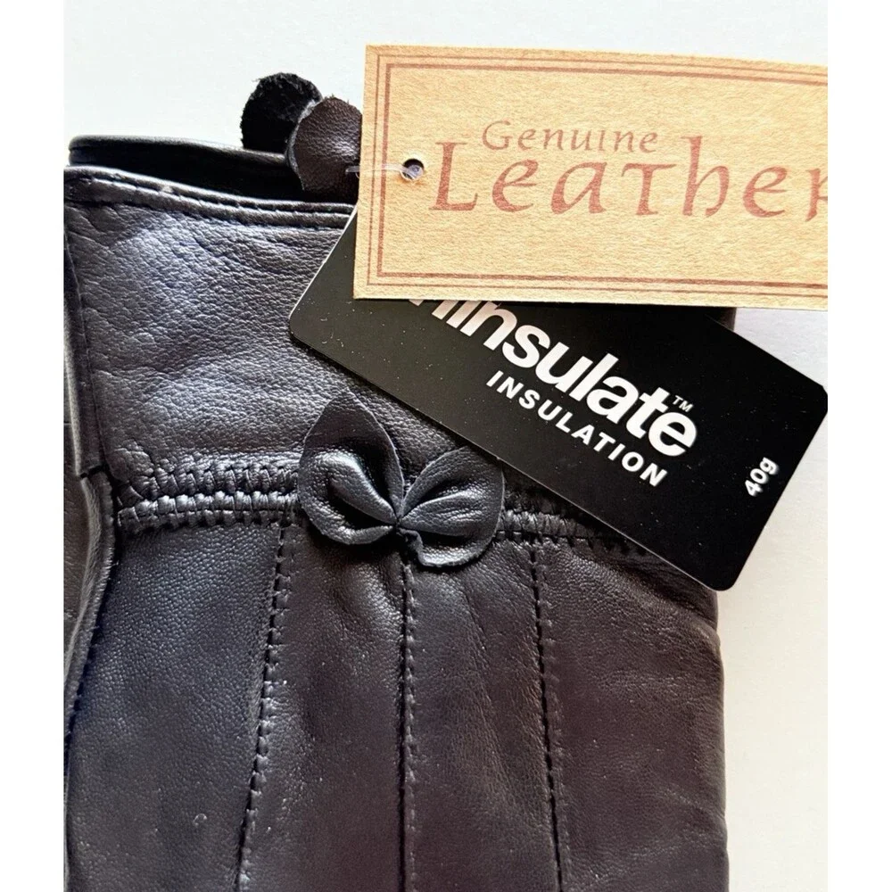 Ladies Gloves Size ML Genuine Leather Black Thinsulate Lined Driving Winter Bow